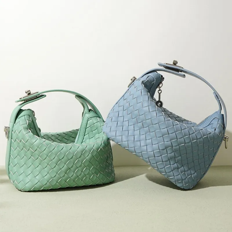 Designer Cross Over Body Læder Vævet Lunch Bucket Bags Til Damer